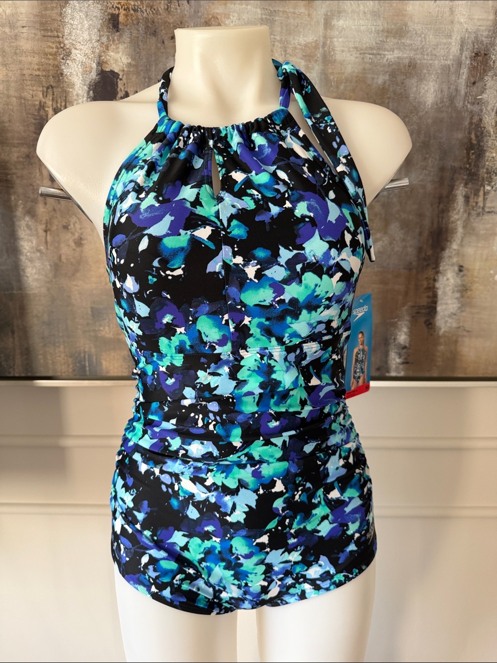 Speedo Women's Black & Blue Green Halter One-Piece Swimsuit Sz M NEW